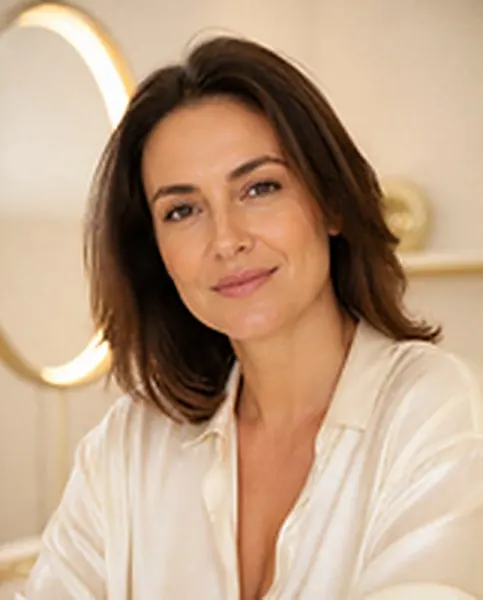 Mulher com expressão serena e pele cuidada