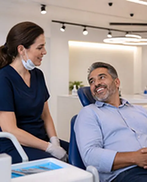 Dentista conversando com paciente sorridente na cadeira