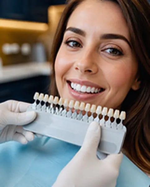 Escala de cor dental ao lado de um sorriso
